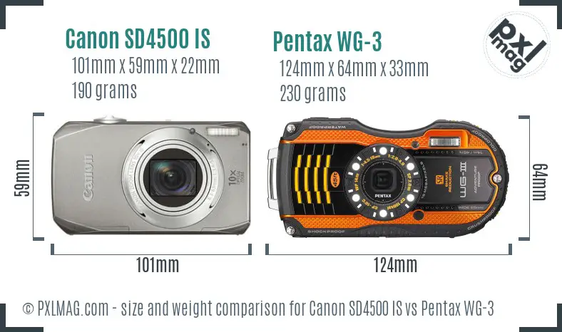 Canon SD4500 IS vs Pentax WG-3 size comparison