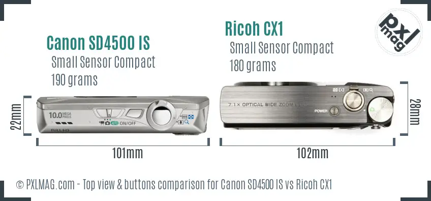 Canon SD4500 IS vs Ricoh CX1 top view buttons comparison