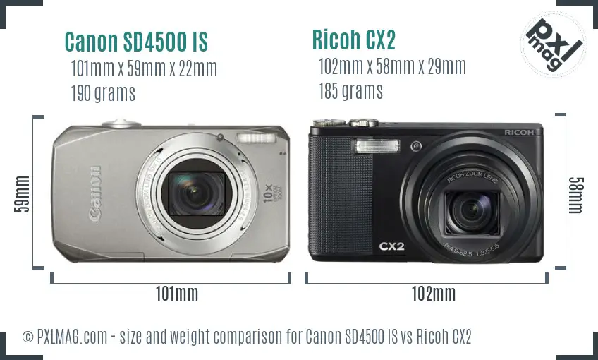 Canon SD4500 IS vs Ricoh CX2 size comparison