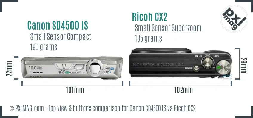Canon SD4500 IS vs Ricoh CX2 top view buttons comparison