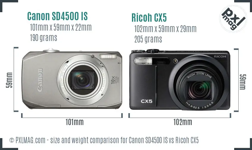 Canon SD4500 IS vs Ricoh CX5 size comparison Canon SD4500 IS vs Ricoh CX5 size comparison