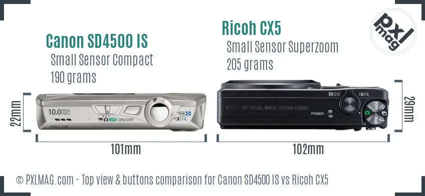 Canon SD4500 IS vs Ricoh CX5 top view buttons comparison Canon SD4500 IS vs Ricoh CX5 top view buttons comparison