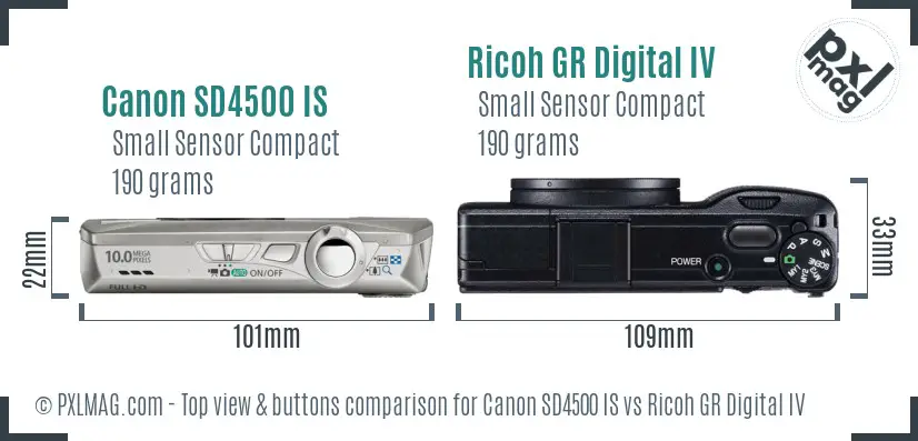Canon SD4500 IS vs Ricoh GR Digital IV top view buttons comparison