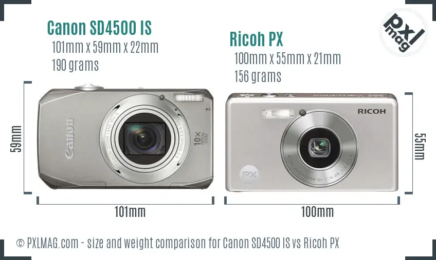 Canon SD4500 IS vs Ricoh PX size comparison