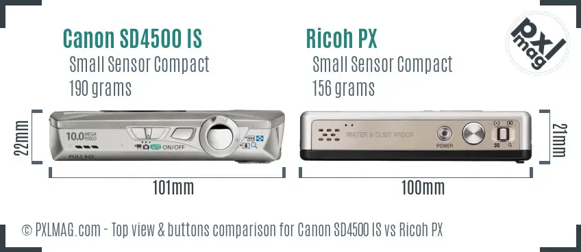 Canon SD4500 IS vs Ricoh PX top view buttons comparison