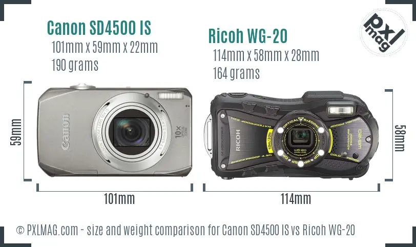 Canon SD4500 IS vs Ricoh WG-20 size comparison