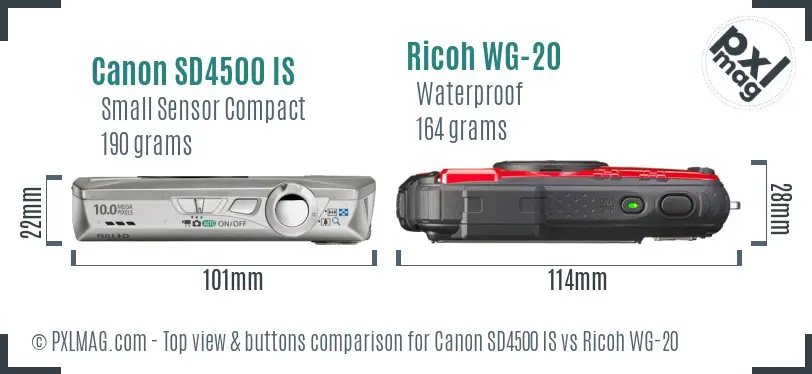 Canon SD4500 IS vs Ricoh WG-20 top view buttons comparison