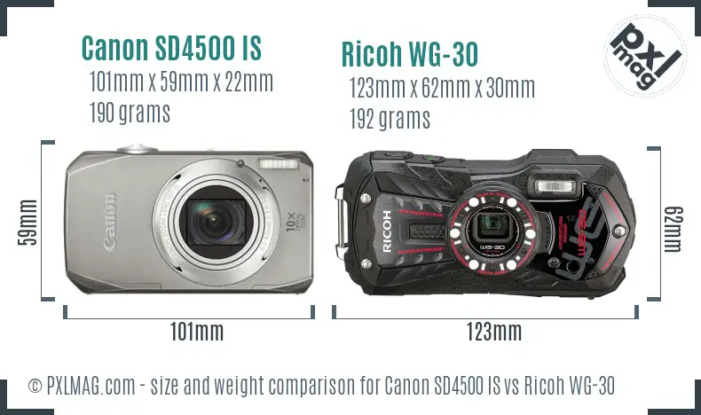 Canon SD4500 IS vs Ricoh WG-30 size comparison Canon SD4500 IS vs Ricoh WG-30 size comparison