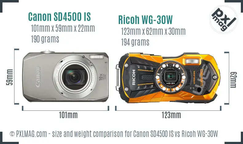Canon SD4500 IS vs Ricoh WG-30W size comparison Canon SD4500 IS vs Ricoh WG-30W size comparison