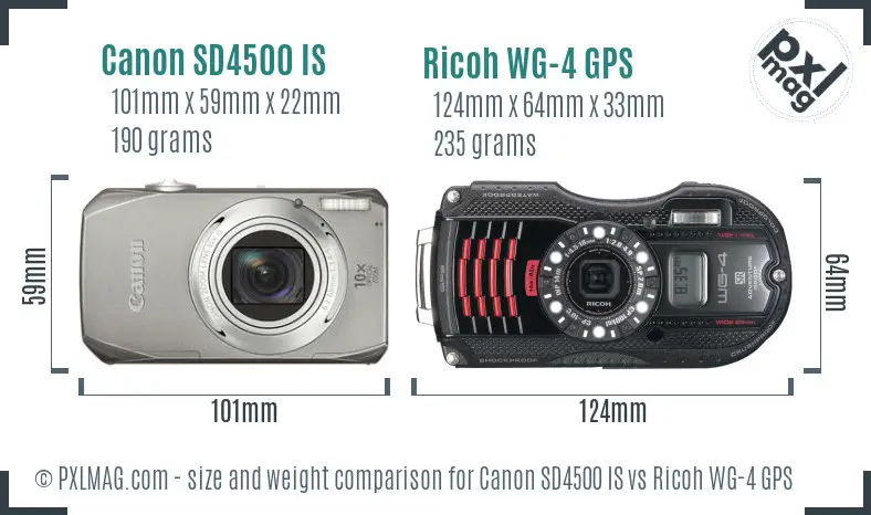 Canon SD4500 IS vs Ricoh WG-4 GPS size comparison