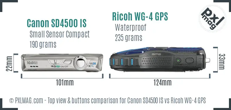 Canon SD4500 IS vs Ricoh WG-4 GPS top view buttons comparison