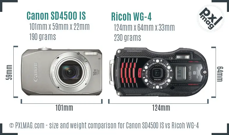 Canon SD4500 IS vs Ricoh WG-4 size comparison