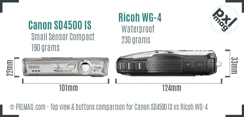 Canon SD4500 IS vs Ricoh WG-4 top view buttons comparison