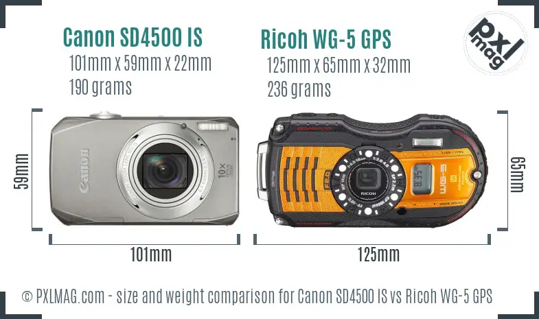 Canon SD4500 IS vs Ricoh WG-5 GPS size comparison