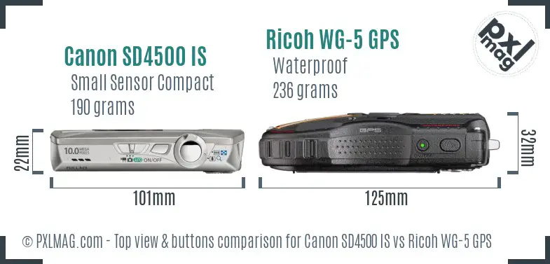 Canon SD4500 IS vs Ricoh WG-5 GPS top view buttons comparison