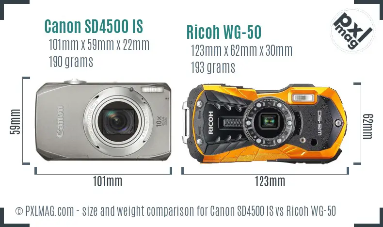 Canon SD4500 IS vs Ricoh WG-50 size comparison Canon SD4500 IS vs Ricoh WG-50 size comparison