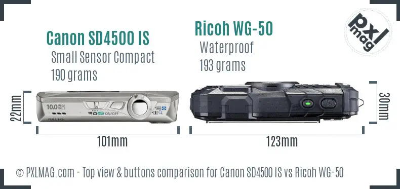 Canon SD4500 IS vs Ricoh WG-50 top view buttons comparison Canon SD4500 IS vs Ricoh WG-50 top view buttons comparison