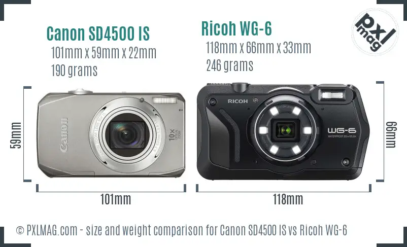 Canon SD4500 IS vs Ricoh WG-6 size comparison
