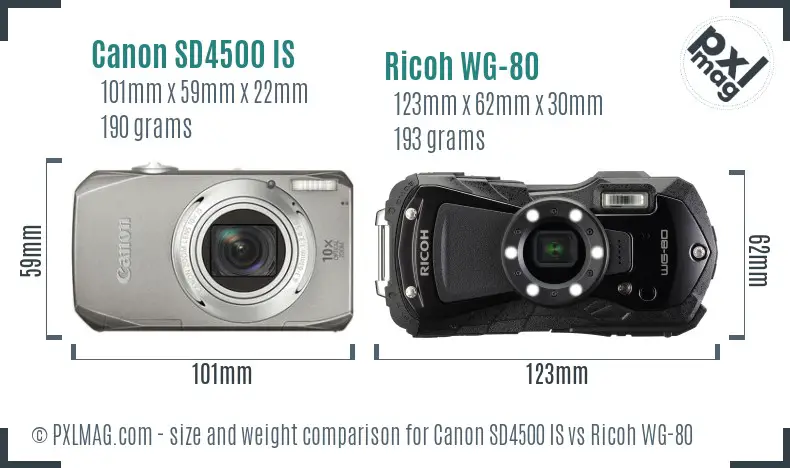 Canon SD4500 IS vs Ricoh WG-80 size comparison Canon SD4500 IS vs Ricoh WG-80 size comparison