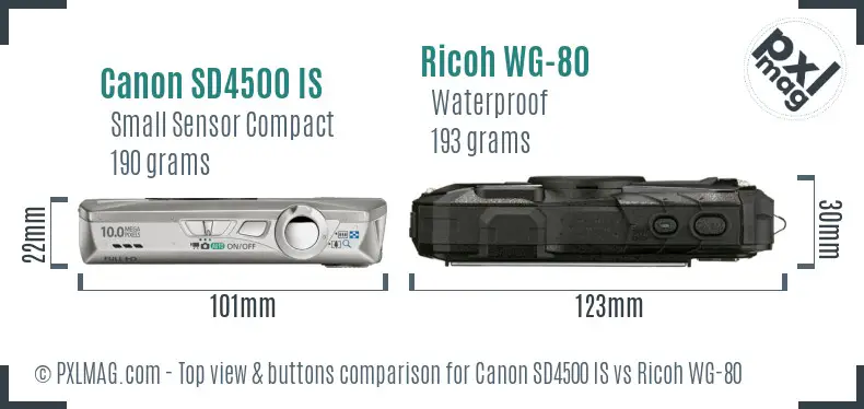 Canon SD4500 IS vs Ricoh WG-80 top view buttons comparison Canon SD4500 IS vs Ricoh WG-80 top view buttons comparison