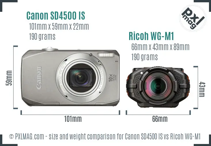 Canon SD4500 IS vs Ricoh WG-M1 size comparison