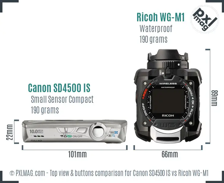Canon SD4500 IS vs Ricoh WG-M1 top view buttons comparison