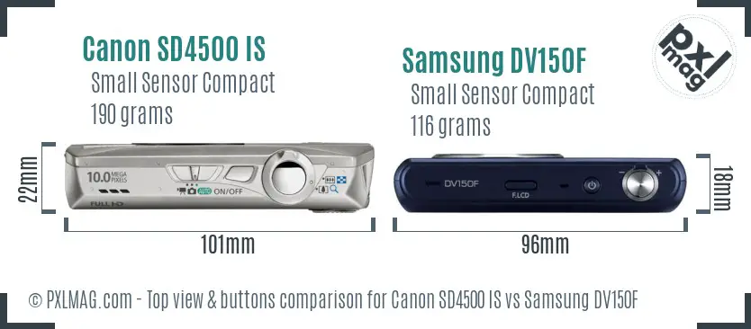 Canon SD4500 IS vs Samsung DV150F top view buttons comparison