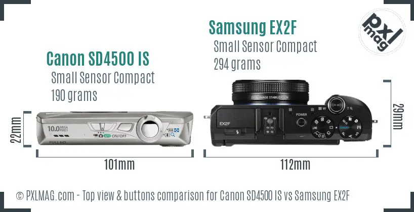 Canon SD4500 IS vs Samsung EX2F top view buttons comparison