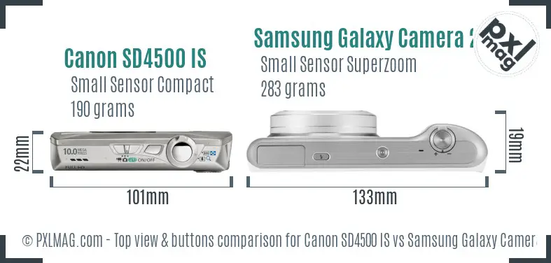 Canon SD4500 IS vs Samsung Galaxy Camera 2 top view buttons comparison Canon SD4500 IS vs Samsung Galaxy Camera 2 top view buttons comparison