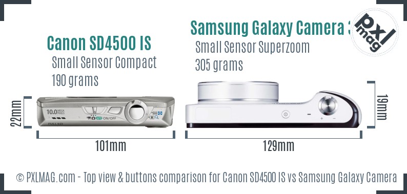 Canon SD4500 IS vs Samsung Galaxy Camera 3G top view buttons comparison