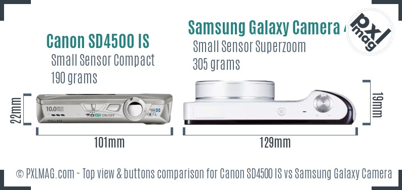 Canon SD4500 IS vs Samsung Galaxy Camera 4G top view buttons comparison