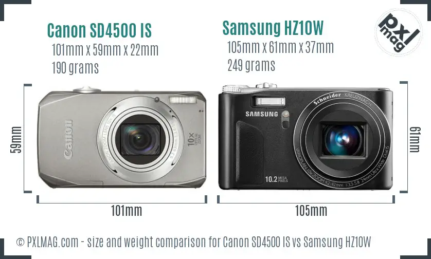 Canon SD4500 IS vs Samsung HZ10W size comparison