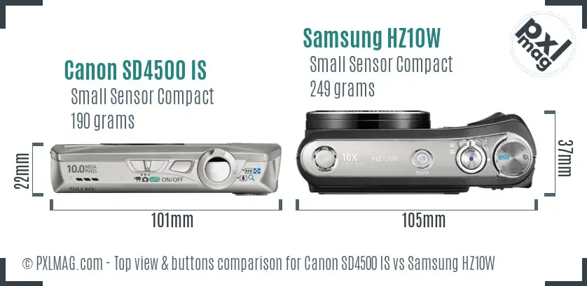 Canon SD4500 IS vs Samsung HZ10W top view buttons comparison
