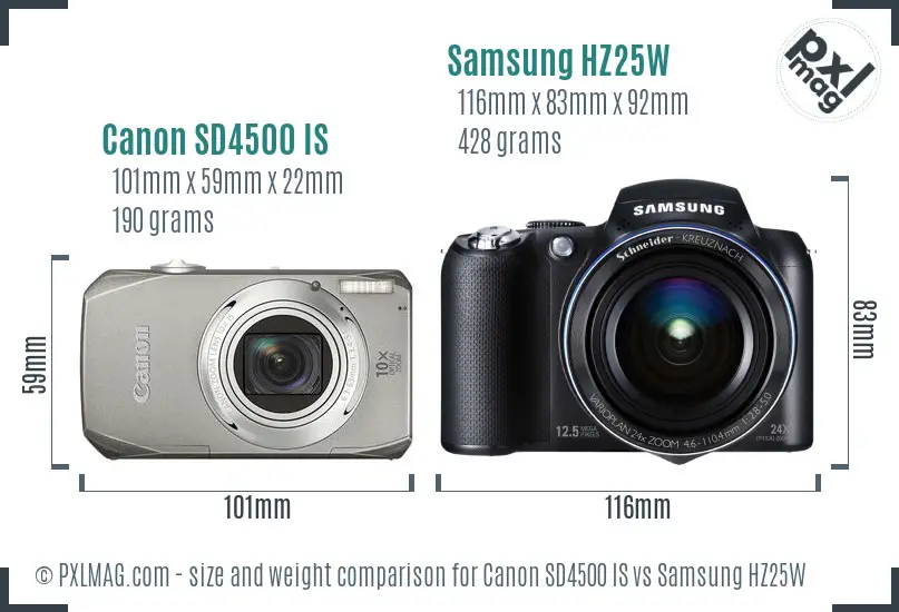 Canon SD4500 IS vs Samsung HZ25W size comparison