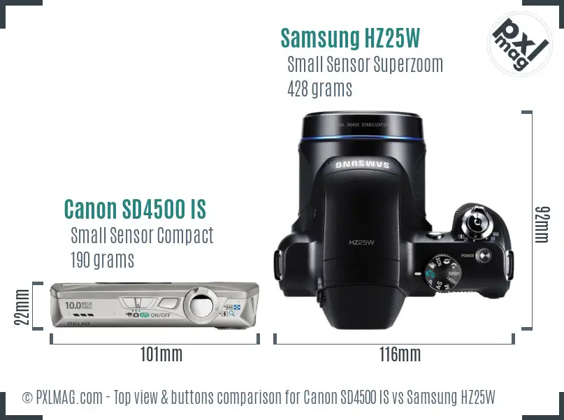 Canon SD4500 IS vs Samsung HZ25W top view buttons comparison