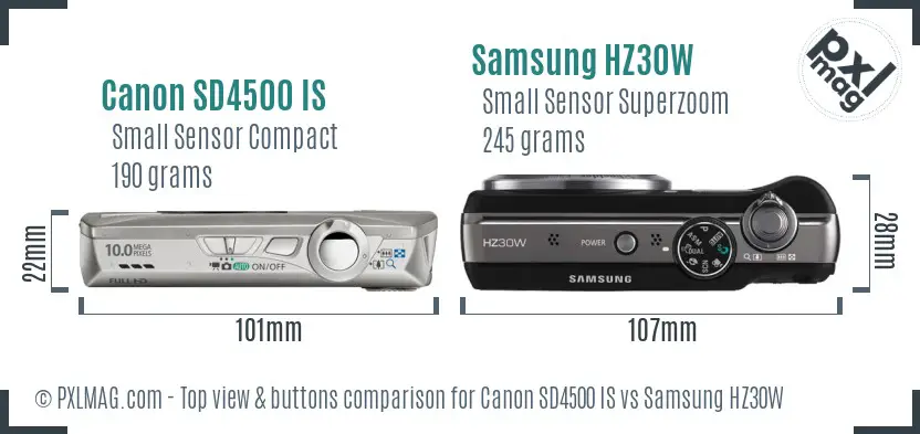 Canon SD4500 IS vs Samsung HZ30W top view buttons comparison