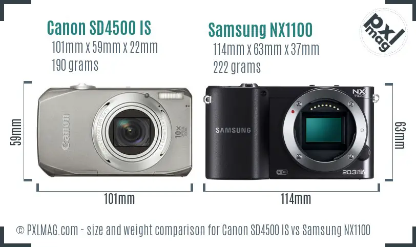 Canon SD4500 IS vs Samsung NX1100 size comparison