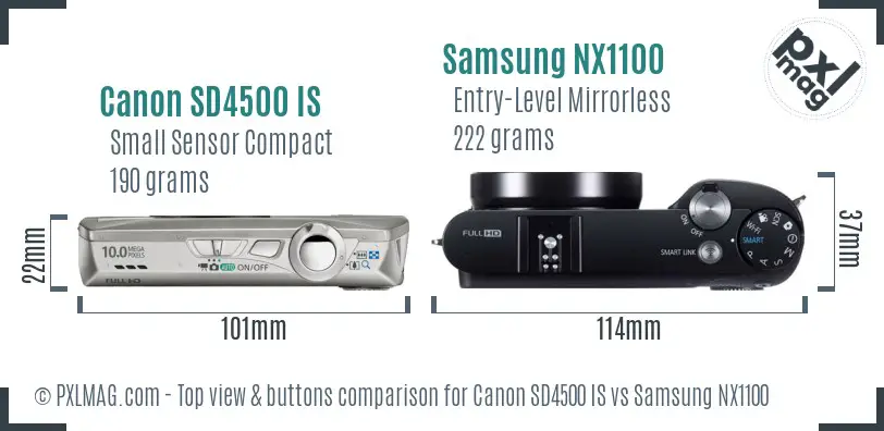 Canon SD4500 IS vs Samsung NX1100 top view buttons comparison