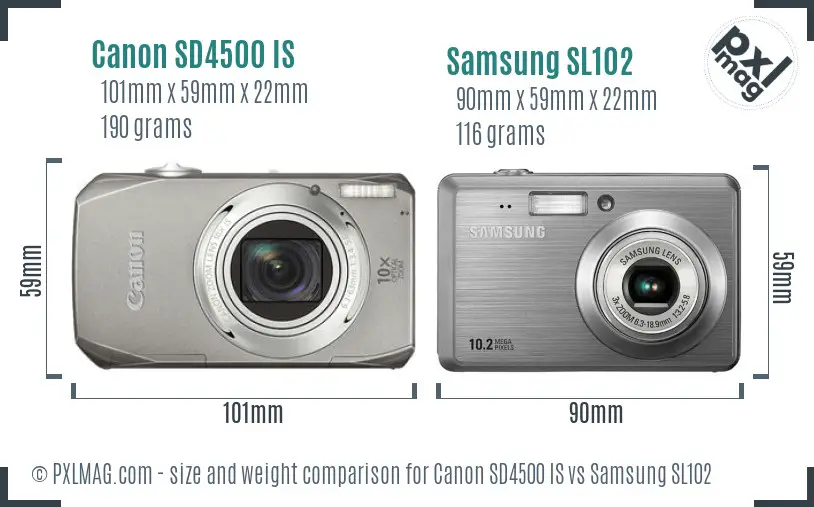 Canon SD4500 IS vs Samsung SL102 size comparison
