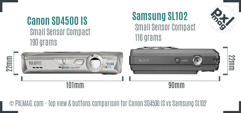 Canon SD4500 IS vs Samsung SL102 top view buttons comparison