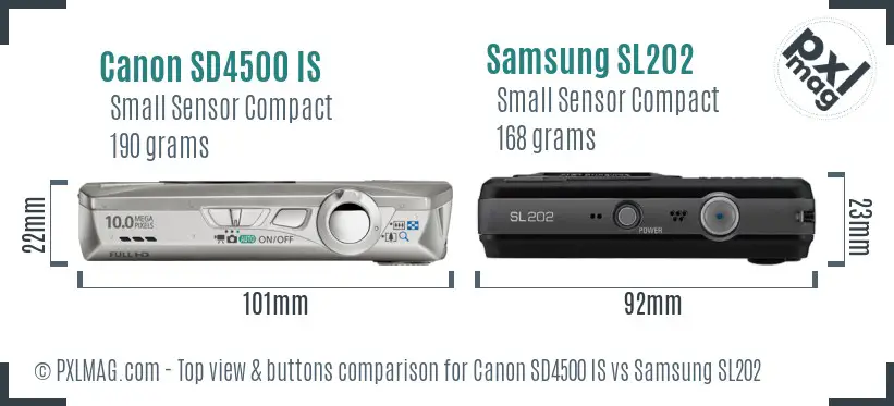 Canon SD4500 IS vs Samsung SL202 top view buttons comparison Canon SD4500 IS vs Samsung SL202 top view buttons comparison