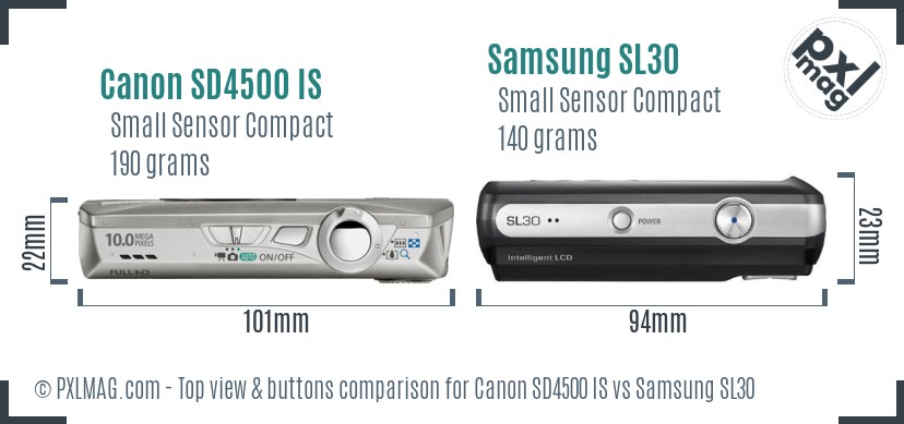 Canon SD4500 IS vs Samsung SL30 top view buttons comparison