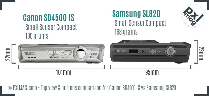 Canon SD4500 IS vs Samsung SL820 top view buttons comparison
