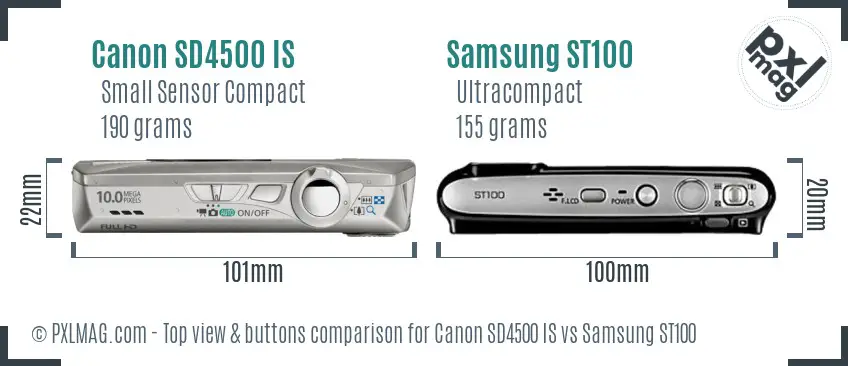 Canon SD4500 IS vs Samsung ST100 top view buttons comparison