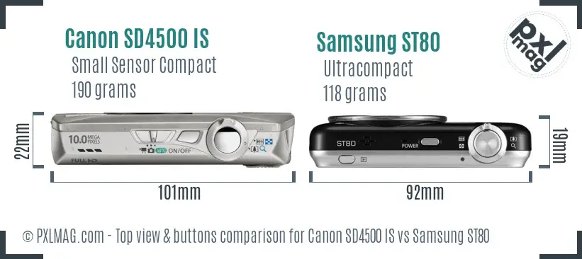 Canon SD4500 IS vs Samsung ST80 top view buttons comparison