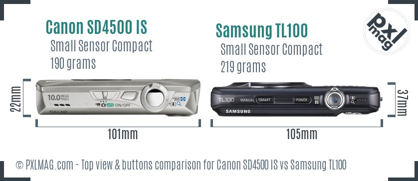 Canon SD4500 IS vs Samsung TL100 top view buttons comparison