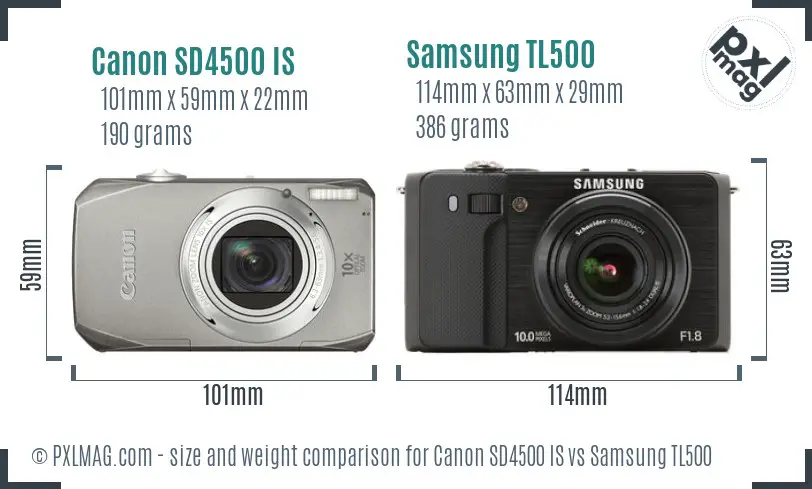 Canon SD4500 IS vs Samsung TL500 size comparison