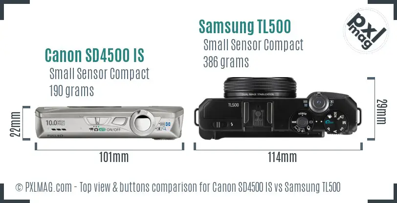 Canon SD4500 IS vs Samsung TL500 top view buttons comparison