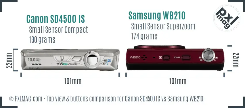 Canon SD4500 IS vs Samsung WB210 top view buttons comparison Canon SD4500 IS vs Samsung WB210 top view buttons comparison