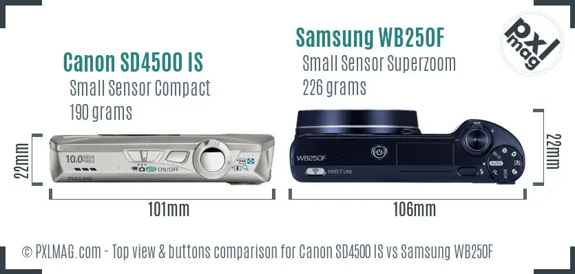 Canon SD4500 IS vs Samsung WB250F top view buttons comparison Canon SD4500 IS vs Samsung WB250F top view buttons comparison